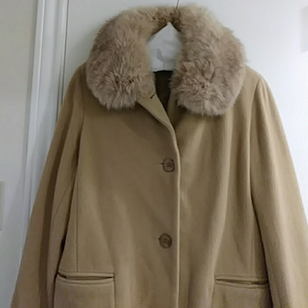 Camel Wool Coat with Rabbit Fur Collar size 6